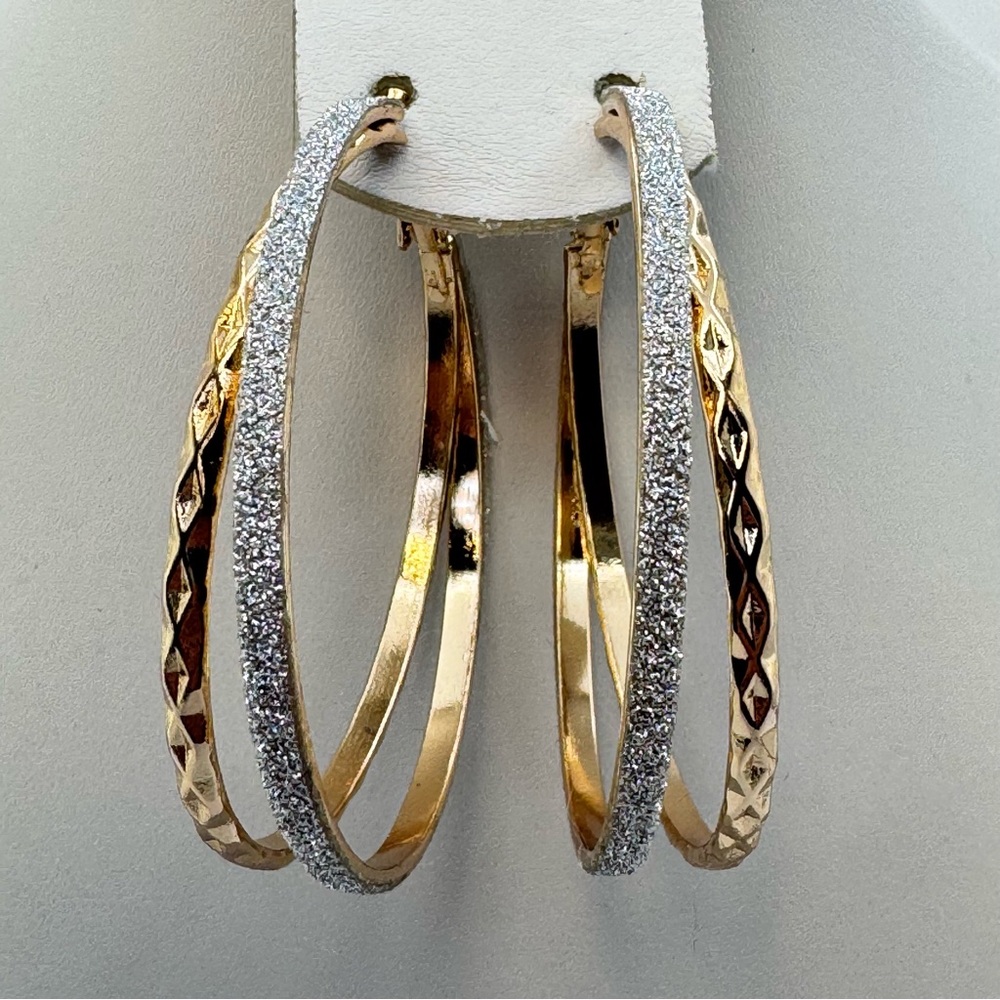 Gold Tone Glitter Hoop Earrings Textured Large Statement Hoops Bold Sparkle